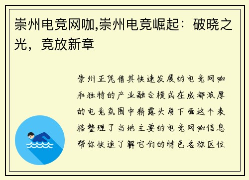 崇州电竞网咖,崇州电竞崛起：破晓之光，竞放新章